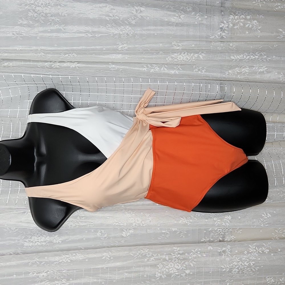 2/$25 or 3/$30 Orange Color Block High Thigh Faux Wrap One Piece By Cupshe SzS